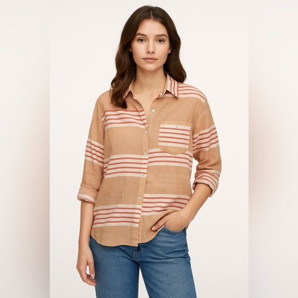 Rag & Bone Jane Beige Stripe Silk Blend Sheer Button Down Shirt Size 10 - Picture 1 of 7